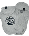 Hooded Sweatshirt For Dogs - "Road Trip" hooded sweatshirt with mountain design in gray set - Volkswagen Bus with paw print emoji on front chest - against solid white background - Wag Trendz