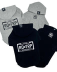 Hooded Sweatshirt For Dogs - "Road Trip" hooded sweatshirt license plate design in gray & black sets - Volkswagen Bus with paw print emoji on front chest - against solid white background - Wag Trendz