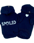 Hooded Sweatshirt For Dogs - “SPOILED” hooded sweatshirt in black set - back view has SPOILED and front chest has a solid heart emoji - against solid white background - Wag Trendz
