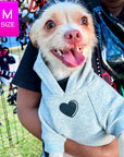Hooded Sweatshirt For Dogs - Terrier Small Dog wearing “SPOILED” hooded sweatshirt in gray - front chest has a solid heart emoji - outside being held by a human - Wag Trendz
