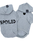 Hooded Sweatshirt For Dogs - “SPOILED” hooded sweatshirt in gray set - back view has SPOILED and front chest has a solid heart emoji - against solid white background - Wag Trendz