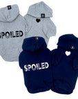 Hooded Sweatshirt For Dogs - “SPOILED” hooded sweatshirt in gray and black sets - back view has SPOILED and front chest has a solid heart emoji - against solid white background - Wag Trendz