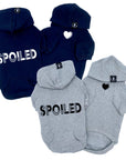 Hooded Sweatshirt For Dogs - “SPOILED” hooded sweatshirt in black and gray sets - back view has SPOILED and front chest has a solid heart emoji - against solid white background - Wag Trendz