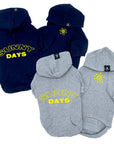 Hooded Sweatshirt For Dogs - "Sunny Days" hooded sweatshirt in black and gray sets - back view says Sunny Days in yellow and front view has a modern yellow sunshine emoji - against solid white background - Wag Trendz