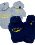 Hooded Sweatshirt For Dogs -"Sunny Days" hooded sweatshirt in gray and black sets - back view says Sunny Days in yellow and front view has a modern yellow sunshine emoji - against solid white background - Wag Trendz