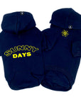 Hooded Sweatshirt For Dogs -"Sunny Days" hooded sweatshirt in black set - back view says Sunny Days in yellow and front view has a modern yellow sunshine emoji - against solid white background - Wag Trendz