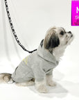 Hooded Sweatshirt For Dogs - Shih Tzu mix wearing "Sunny Days" hooded sweatshirt in gray - side view with dog leash attached through leash hole - against solid white background - Wag Trendz
