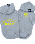 Hooded Sweatshirt For Dogs - "Sunny Days" hooded sweatshirt in gray set - back view says Sunny Days in yellow and front view has a modern yellow sunshine emoji - against solid white background - Wag Trendz