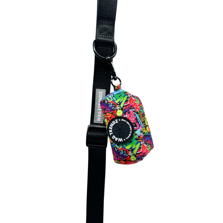 Adjustable Dog Leash - Black - size large hanging with multi-colored graffiti poop bag holder attached against solid white background - Wag Trendz