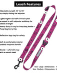 Adjustable Dog Leash - Bandana Boujee with Denim Accents in Hot Pink with product feature captions - against a solid white background - Wag Trendz
