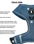 Denim Dog Harness - Reflective and No Pull - Downtown Denim Dog Harness with Reflective Accents -with product feature captions on the chest side of harness - against solid white background - Wag Trendz