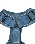 Denim Dog Harness - Reflective and No Pull - Downtown Denim Dog Harness with Reflective Accents - close-up of backside - against solid white background - Wag Trendz