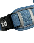 Denim Dog Harness - Reflective and No Pull - Downtown Denim Dog Harness with Reflective Accents - close-up of buckle and reflective accents - against solid white background - Wag Trendz