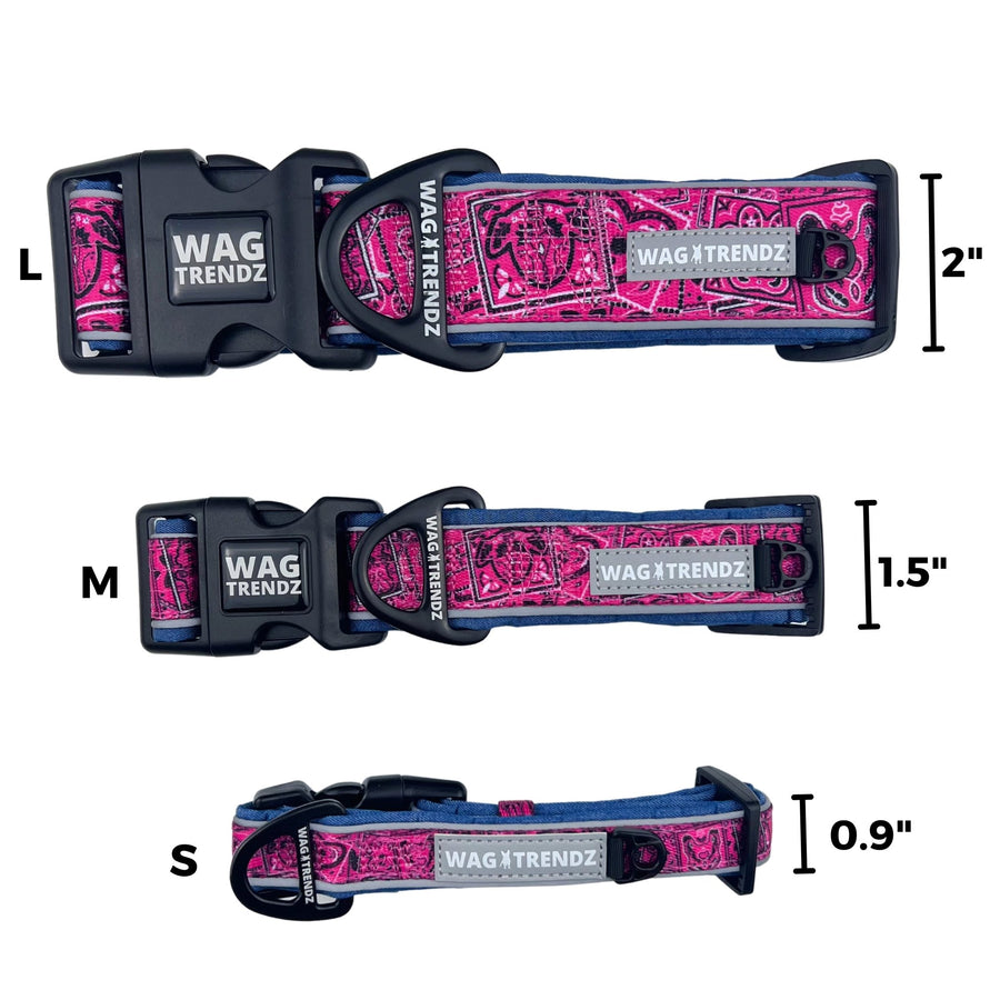 Dog Collar and Leash Set - Small, Medium and Large Bandana Boujee Hot Pink Reflective Dog Collars - in a row - showing widths against solid white background - Wag Trendz