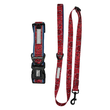 Dog Collar and Leash Set - Bandana Boujee Red Reflective Dog Collar and matching Adjustable Dog Leash - against solid white background - Wag Trendz