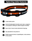 Dog Collar and Leash Set - black dog collar with a bold orange stripe - with product feature captions - against solid white background - Wag Trendz