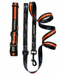 Dog Collar and Leash Set - black and gray camo dog collar and leash set with bold orange stripe - against solid white background - Wag Trendz
