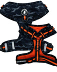 Dog Collar Harness and Leash Set - Dog Adjustable Harness in black & gray camo with bold orange accents - against solid white background - Wag Trendz