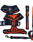 Dog Collar Harness and Leash Set - Dog Adjustable Harness in black & gray camo with bold orange accents with matching Dog Leash and Collar - against solid white background - Wag Trendz