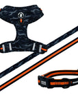 Dog Collar Harness and Leash Set - Dog Adjustable Harness in black & gray camo with bold orange accents and matching Dog Leash and Collar - against solid white background - Wag Trendz