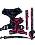 Dog Collar Harness and Leash Set - Dog Adjustable Harness, matching Dog Collar and Leash in black & gray camo with hot pink accents - against solid white background - Wag Trendz