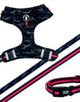 Dog Collar Harness and Leash Set - Dog Adjustable Harness, Collar and Leash in black & gray camo with hot pink accents - against solid white background - Wag Trendz