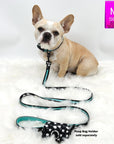 Dog Collar Harness and Leash Set - French Bulldog wearing Medium Dog Collar and Leash in black and white paint splatter design with bold teal accents and poop bag holder - against solid white background - Wag Trendz
