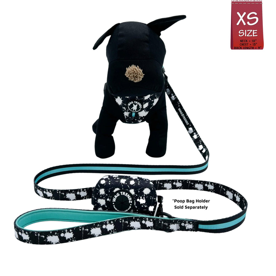 Dog Collar Harness and Leash Set - Small Dog wearing XS Dog Adjustable Harness, Leash and Poo Bag Holder in black with white paint splatter design and bold teal accents - against solid white background - Wag Trendz