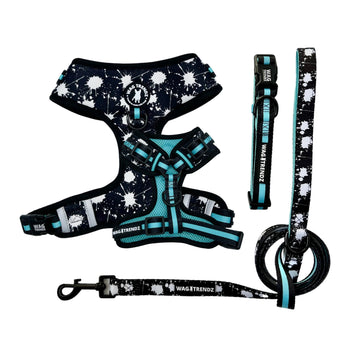 Dog Collar Harness and Leash Set - Dog Adjustable Harness, Collar and Leash in black with white paint splatter design and bold teal accents - against solid white background - Wag Trendz