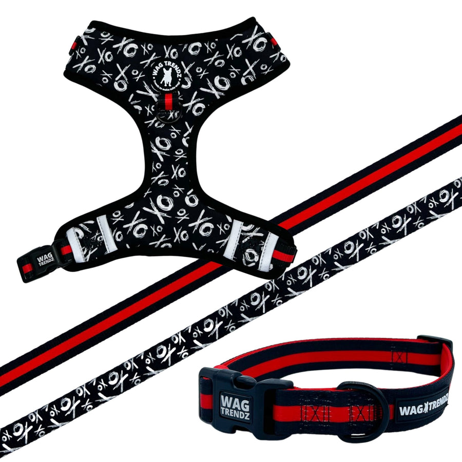 Dog Collar Harness and Leash Set - Dog Adjustable Harness in black and white XO's with bold Red accents with matching dog leash and collar - against solid white background - Wag Trendz