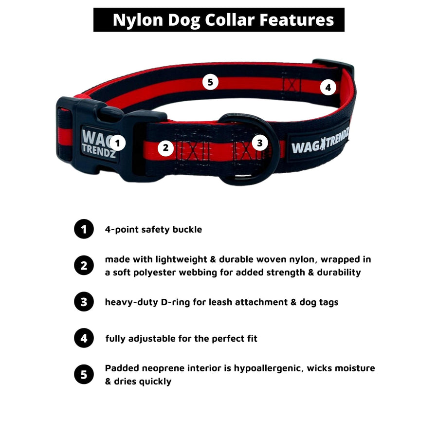 Dog Collar Harness and Leash Set - Dog Collar in solid black with bold red stripe - with product feature captions - against solid white background - Wag Trendz