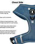 Dog Harness and Leash - Downtown Denim Dog Harness - with product feature captions for the chest side of the harness - against solid white background - Wag Trendz