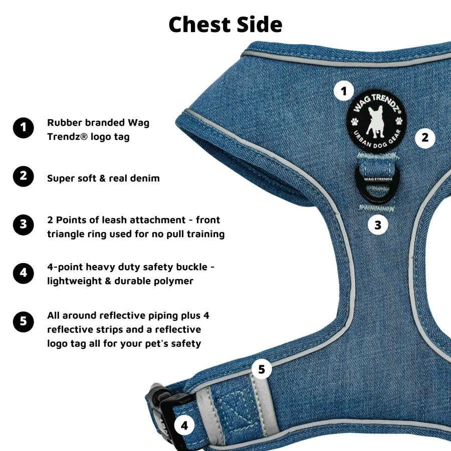 Dog Harness and Leash - Downtown Denim Dog Harness - with product feature captions for the chest side of the harness - against solid white background - Wag Trendz