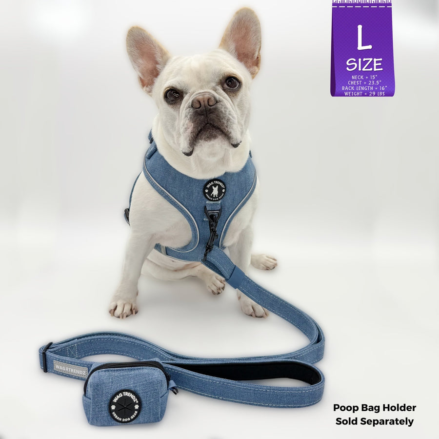 Dog Harness and Leash - French Bulldog wearing Downtown Denim Dog Harness with a matching leash and poop bag holder attached - against a solid white background - Wag Trendz