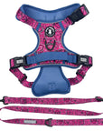 Dog Harness and Leash Set - Bandana Boujee Dog Harness and Adjustable Dog Leash in Hot Pink with Denim Accents - against solid white background - Wag Trendz