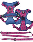 Dog Harness and Leash Set - Bandana Boujee Dog Harness and Adjustable Dog Leash in Hot Pink with Denim Accents - against solid white background - Wag Trendz