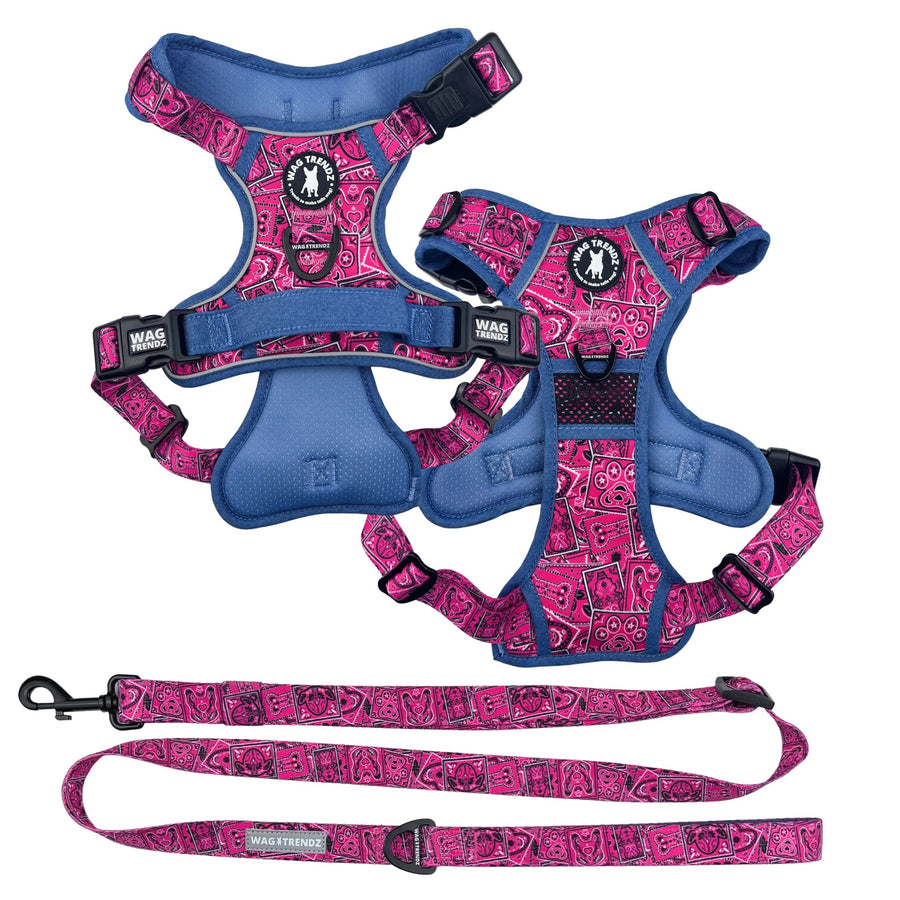 Dog Harness and Leash Set - Bandana Boujee Dog Harness and Adjustable Dog Leash in Hot Pink with Denim Accents - against solid white background - Wag Trendz