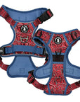 Dog Harness and Leash Set - Bandana Boujee Dog Harness and Adjustable Dog Leash in Red with Denim Accents - chest and back side views - against solid white background - Wag Trendz