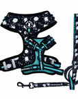 Dog Harness and Leash Set - black harness vest in white paint splatter with teal accents and matching dog leash - against solid white background - Wag Trendz