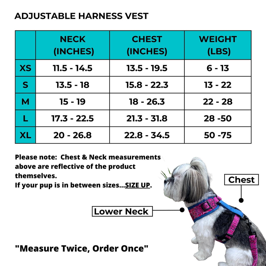 Dog Harness and Leash Set - Adjustable Harness Vest - Size Chart - Wag Trendz