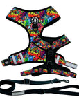 Dog Harness and Leash Set - multi-colored Street Graffiti Dog Harness Vest - with a medium sized black adjustable dog leash - against a solid white background - Wag Trendz