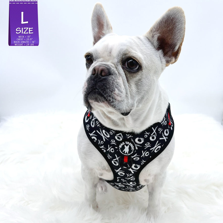 Dog Harness Vest - Adjustable - Front Clip - worn by cute white Frenchie Bulldog wearing black with white XO's with red accents - front view - against a solid white background - Wag Trendz