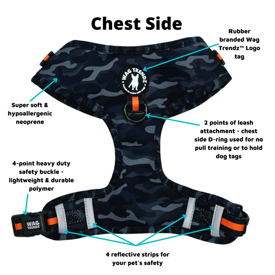 Dog Harness Vest - black and gray camo with orange accents on dog adjustable harness with front clip - chest side view against a white background - with product feature captions - Wag Trendz