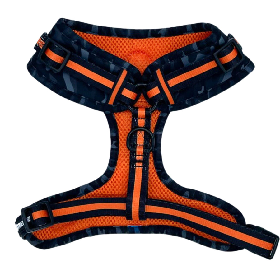 Dog Harness Vest - black and gray camo with orange accents on dog adjustable harness - back side view against a white background - Wag Trendz