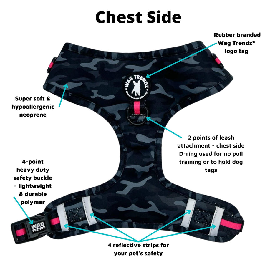 Dog Harness Vest - black and gray camo adjustable harness with hot pink accents and a front clip for pull training - chest view against a solid white background with product feature captions - Wag Trendz