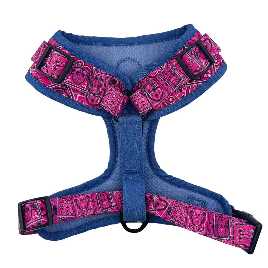 Dog Harness Vest - Adjustable - Bandana Boujee Hot Pink Dog Harness with Denim Accents - back view - against solid white background - Wag Trendz