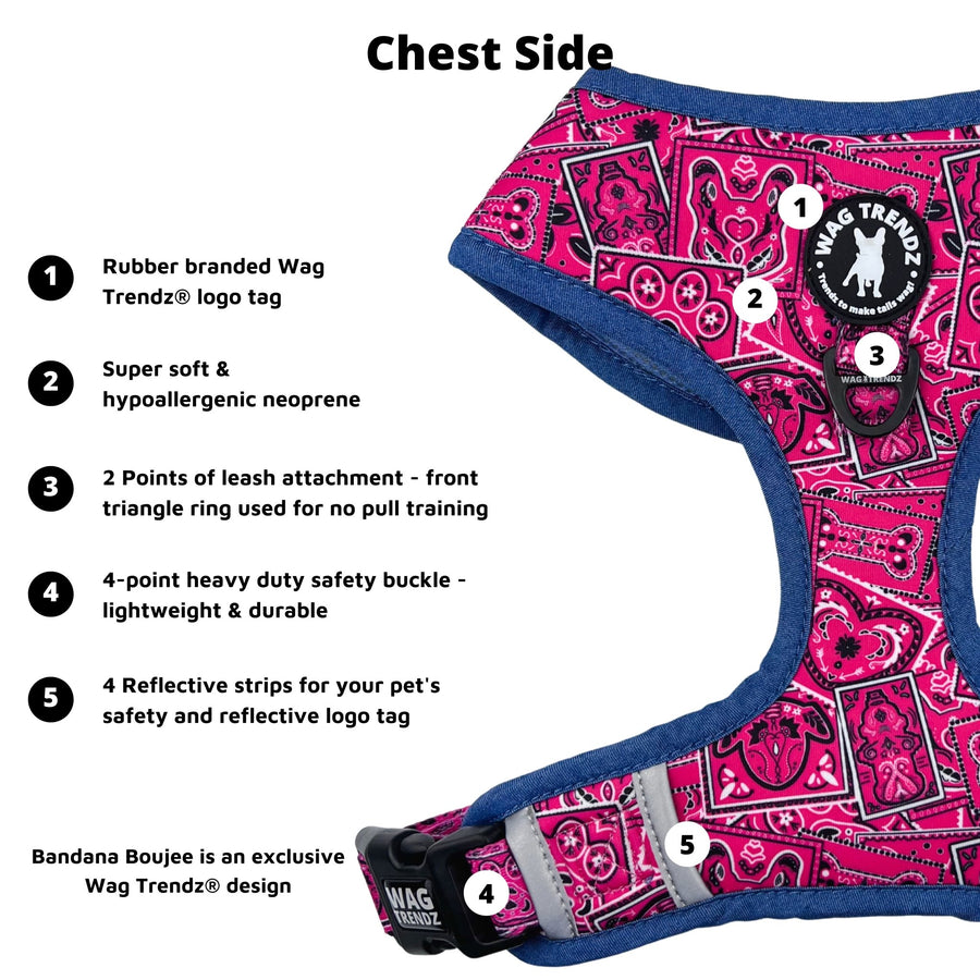 Dog Harness Vest - Adjustable - Bandana Boujee Hot Pink Dog Harness with Denim Accents - chest view - with product feature captions against solid white background - Wag Trendz