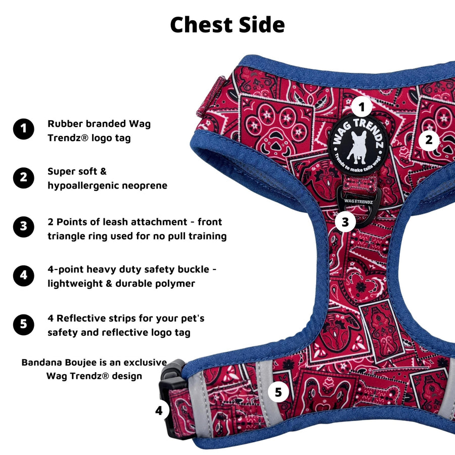 Dog Harness Vest - Adjustable - Red Bandana Boujee Harness with Denim Accents - with product feature captions for chest side - against solid white background - Wag Trendz