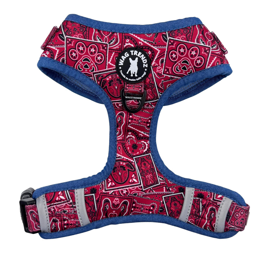 Dog Harness Vest - Adjustable - Red Bandana Boujee Harness with Denim Accents - chest side - a canine inspired design - against solid white background - Wag Trendz