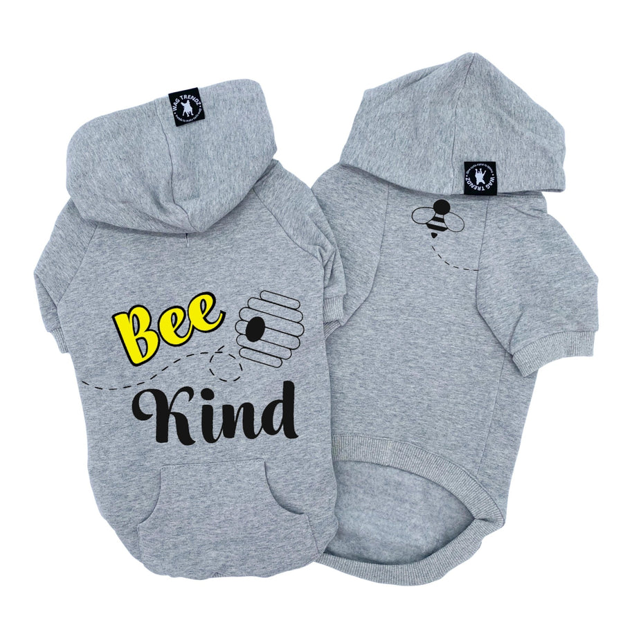 Dog Hoodie - Hoodies For Dogs - "Bee Kind" dog hoodie in gray - Bee Kind and hive on back and swarming bee emoji on front chest side - against solid white background - Wag Trendz
